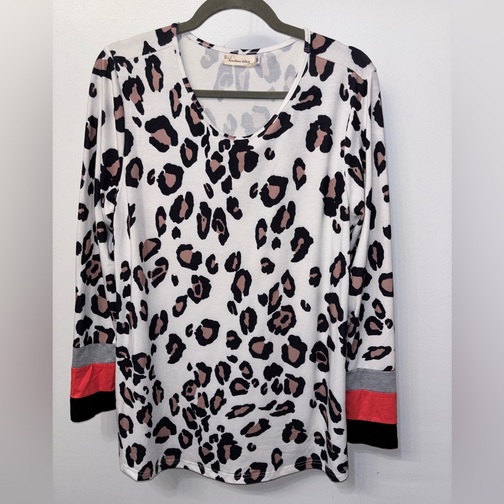 Leopard Print Tunic Top with Colorblock Cuffs